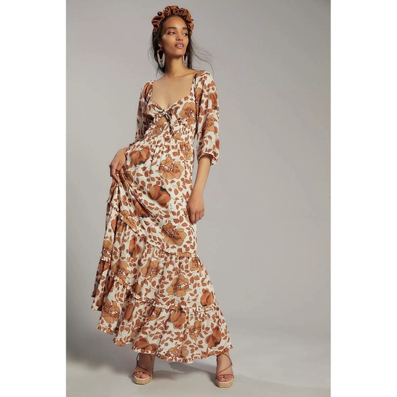 Anthropologie Dresses & Skirts - Anthropologie Tiered Floral Maxi Dress Size S Fits Like M Brown And White